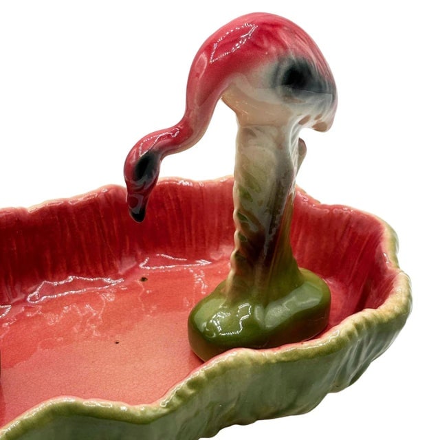 Mid-Century Modern California Pottery Ceramic Flamingo Figurine Set With Tropical Pond Tray - 3 - 5