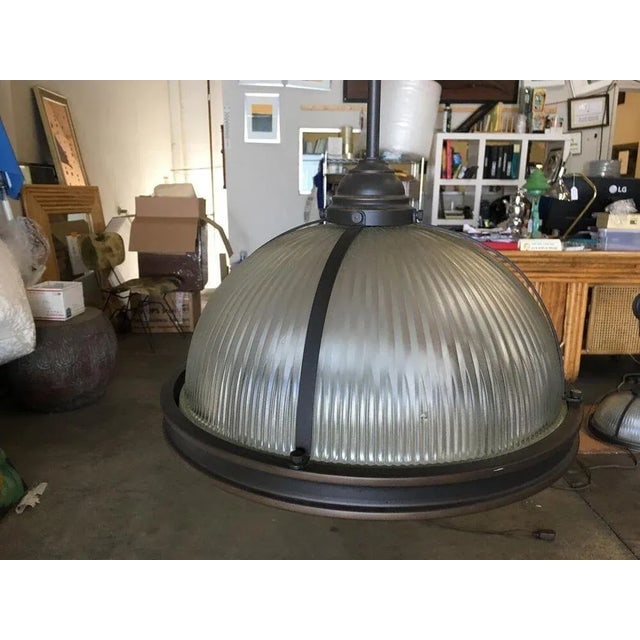Industrial Ribbed Pendant Lamp Holophane Style Pair - 6