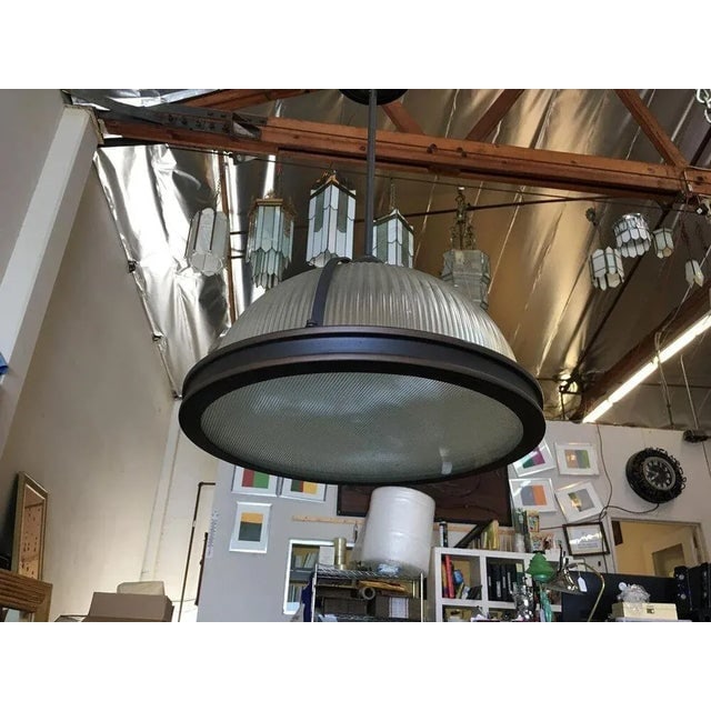Industrial Ribbed Pendant Lamp Holophane Style Pair - 9