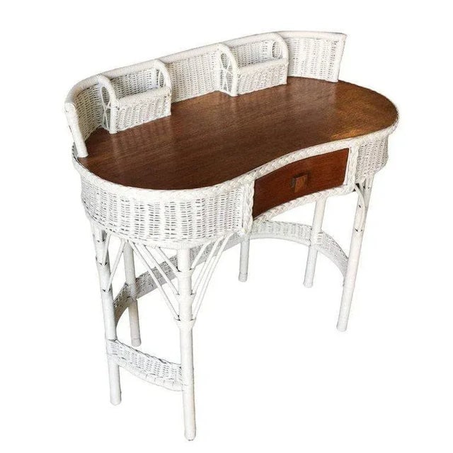 1950s Restored Shabby Chic Wicker & Rattan Secretary Desk With Chair Set - 2