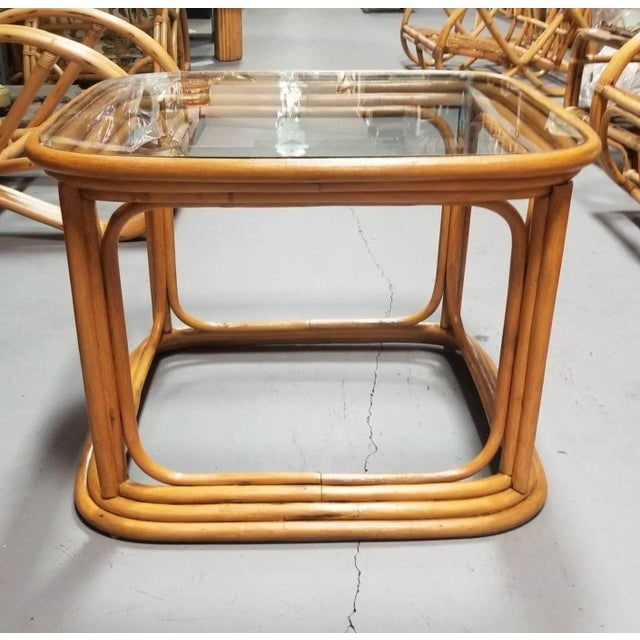 Mid 20th Century Restored Pair of 4-Strand Rattan Cubist Legs Coffee Table With Glass Tops - 2