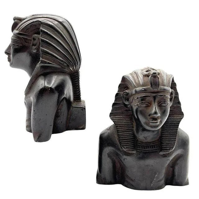 Hand Carved Ebony Wood King Tut Tutankhamen Pharaoh Bust Bookends Signed 1974 - a Pair - 2