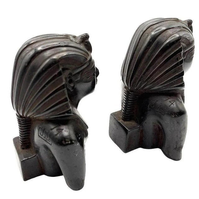 Hand Carved Ebony Wood King Tut Tutankhamen Pharaoh Bust Bookends Signed 1974 - a Pair - 3