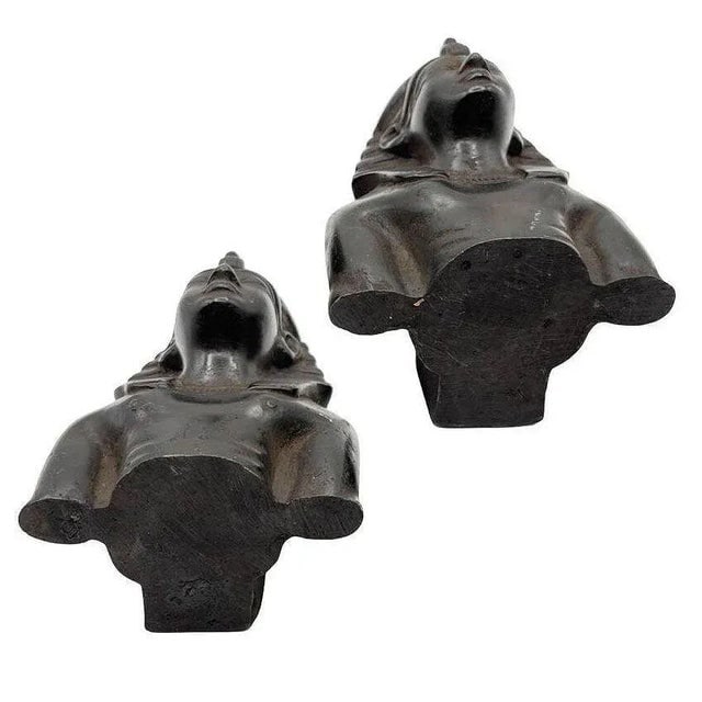 Hand Carved Ebony Wood King Tut Tutankhamen Pharaoh Bust Bookends Signed 1974 - a Pair - 5
