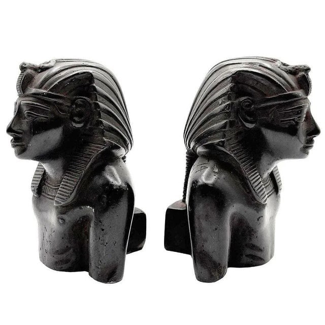 Hand Carved Ebony Wood King Tut Tutankhamen Pharaoh Bust Bookends Signed 1974 - a Pair - 9