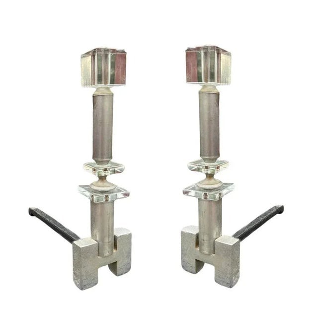 1930s Hollywood Regency Crystal & Chrome "H" Fireplace Andirons- a Pair - 7