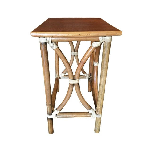 1950s Restored Large 1-Strand Rattan "Hour Glass" Cocktail Side Table with Wood Top - 2