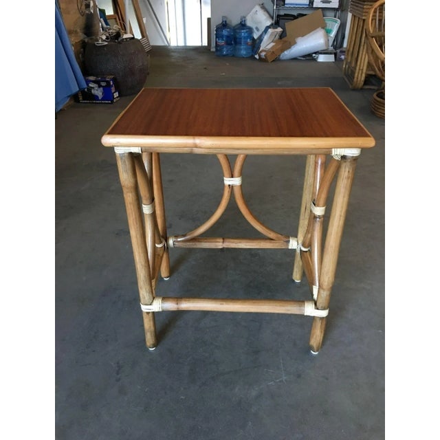 1950s Restored Large 1-Strand Rattan "Hour Glass" Cocktail Side Table with Wood Top - 4