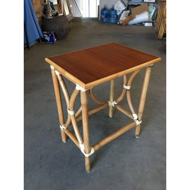1950s Restored Large 1-Strand Rattan "Hour Glass" Cocktail Side Table with Wood Top - 5