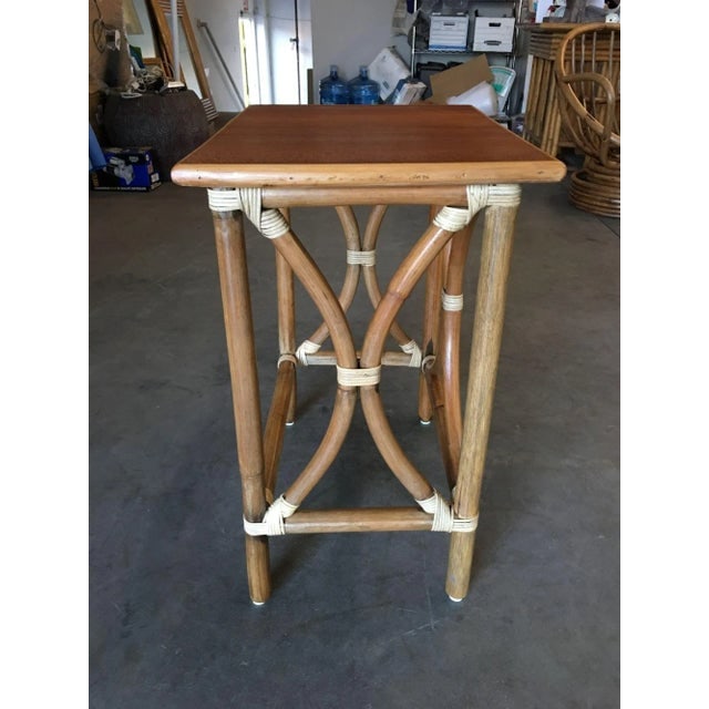1950s Restored Large 1-Strand Rattan "Hour Glass" Cocktail Side Table with Wood Top - 6