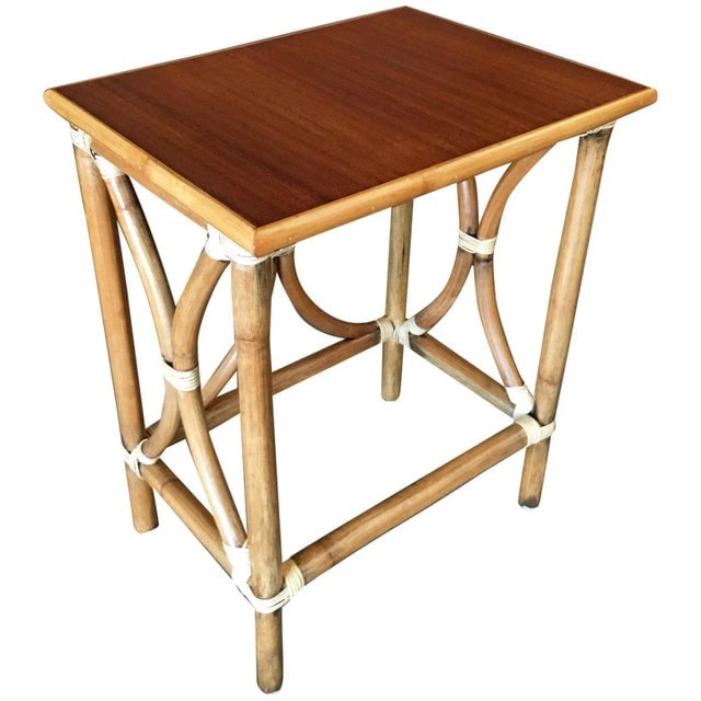 1950s Restored Large 1-Strand Rattan "Hour Glass" Cocktail Side Table with Wood Top - 8