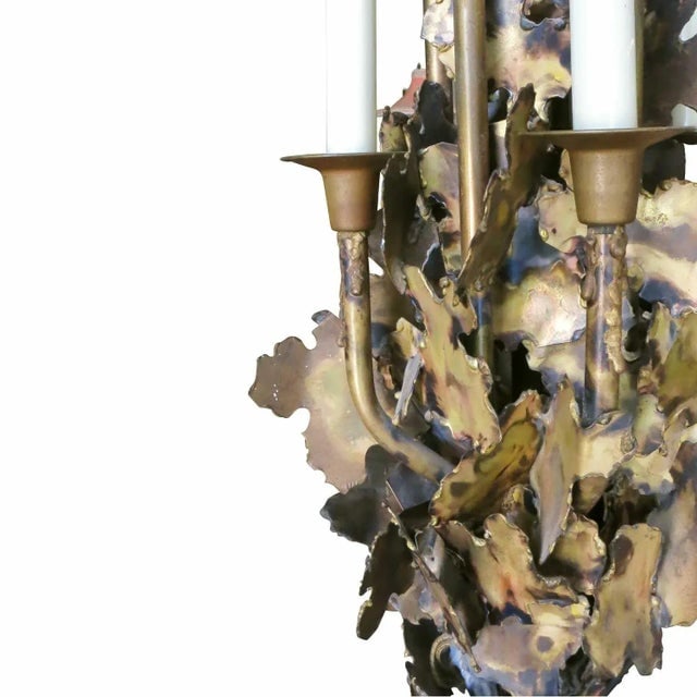 Tom Greene Style Brutalist Torch-Cut Brass Torchiere Floor Lamp - 4