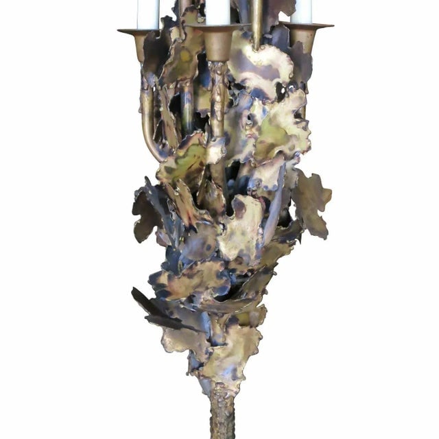 Tom Greene Style Brutalist Torch-Cut Brass Torchiere Floor Lamp - 6