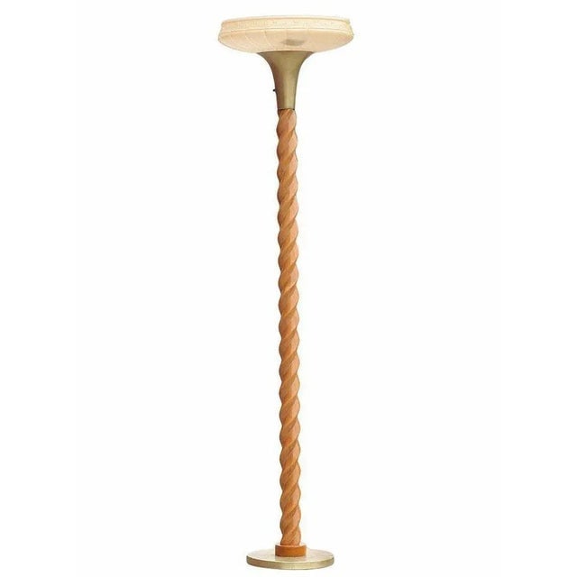 1950 Carved Oak Floor Spiral Torchiere Floor Lamp Attributed to Russel Wright With Shade - 2