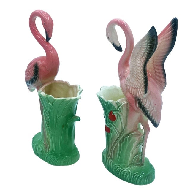 Mid-Century "Lovers" Pink Flamingo Ceramic Tabletop Vase Set by Leftons- Set of 2 - 2
