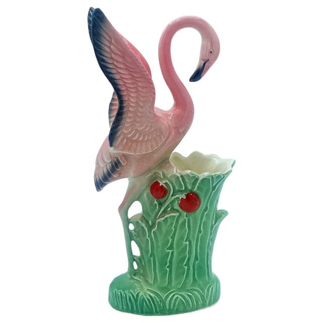 Mid-Century "Lovers" Pink Flamingo Ceramic Tabletop Vase Set by Leftons- Set of 2 - 3