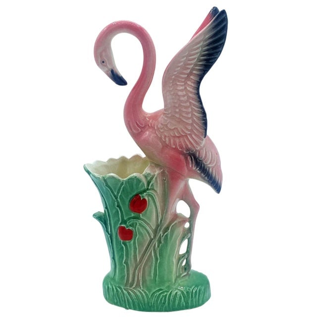 Mid-Century "Lovers" Pink Flamingo Ceramic Tabletop Vase Set by Leftons- Set of 2 - 5