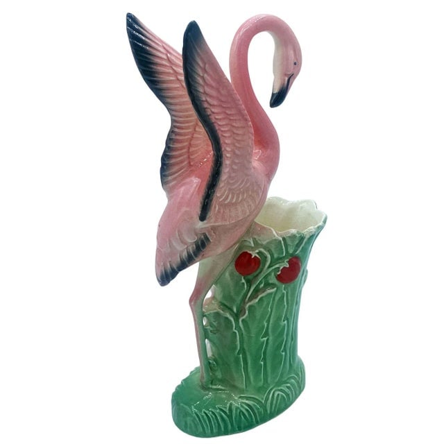 Mid-Century "Lovers" Pink Flamingo Ceramic Tabletop Vase Set by Leftons- Set of 2 - 7