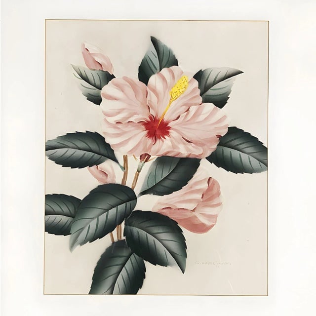 Pink Hibiscus Watercolor Painting on Paper Signed by Shirrell Graves, Framed - 2