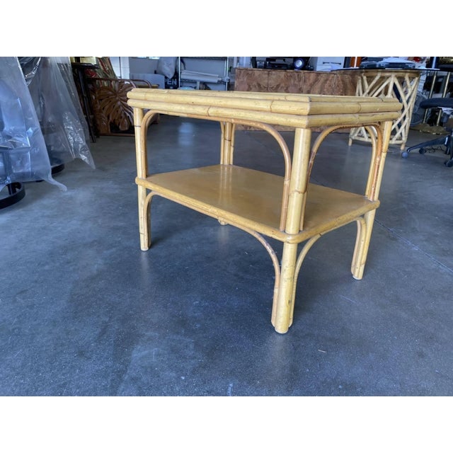 1950s Stick Rattan Two-Tier Coffee Table With Ribbed Glass Top - 2