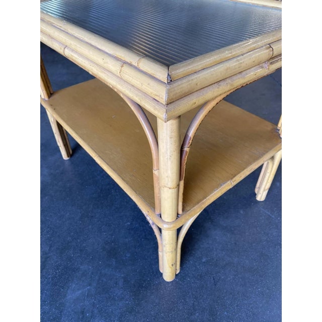 1950s Stick Rattan Two-Tier Coffee Table With Ribbed Glass Top - 4