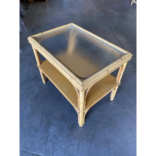 1950s Stick Rattan Two-Tier Coffee Table With Ribbed Glass Top - 5
