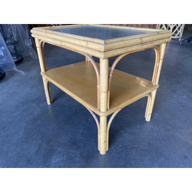 1950s Stick Rattan Two-Tier Coffee Table With Ribbed Glass Top - 6