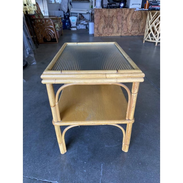 1950s Stick Rattan Two-Tier Coffee Table With Ribbed Glass Top - 8