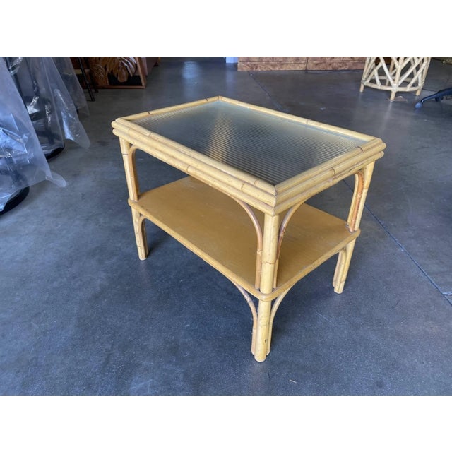 1950s Stick Rattan Two-Tier Coffee Table With Ribbed Glass Top - 9