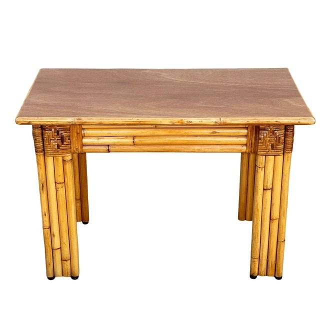 1950s Mid-Century Vertically Stacked Rattan Mahogany Top Console Table - 2