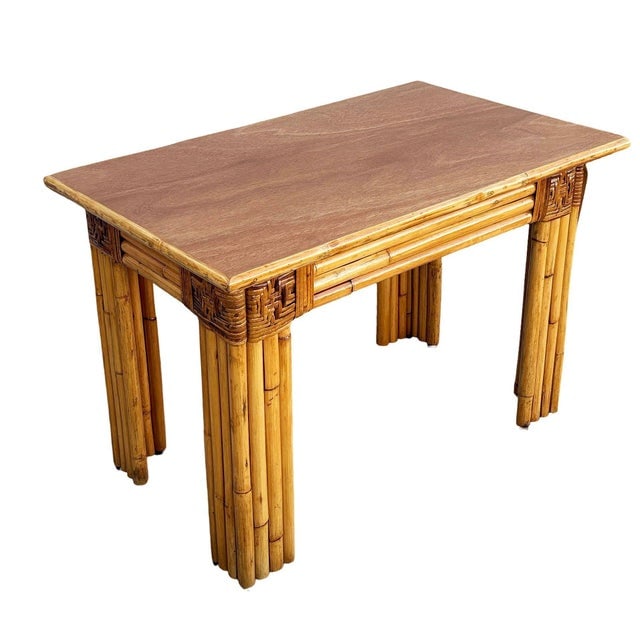 1950s Mid-Century Vertically Stacked Rattan Mahogany Top Console Table - 3