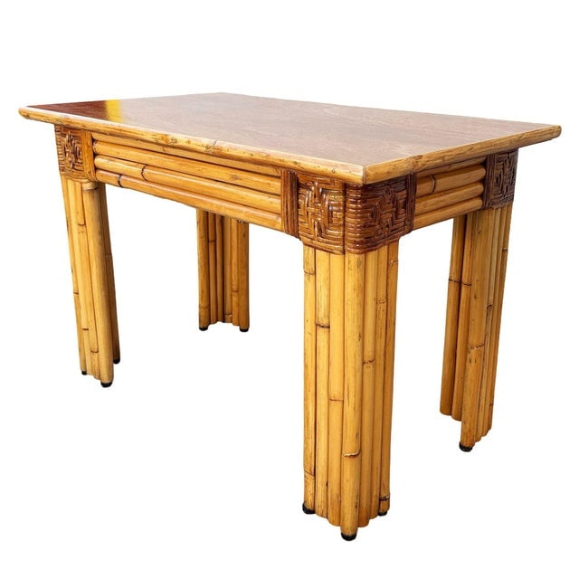 1950s Mid-Century Vertically Stacked Rattan Mahogany Top Console Table - 4