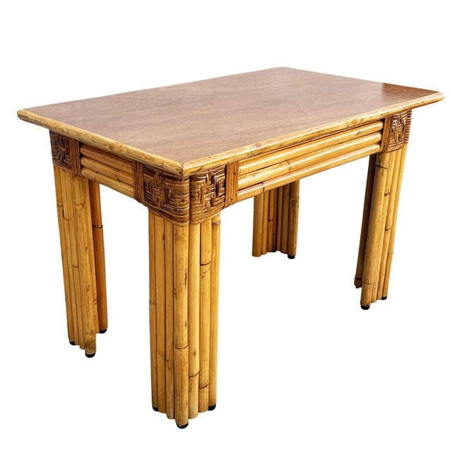 1950s Mid-Century Vertically Stacked Rattan Mahogany Top Console Table - 6