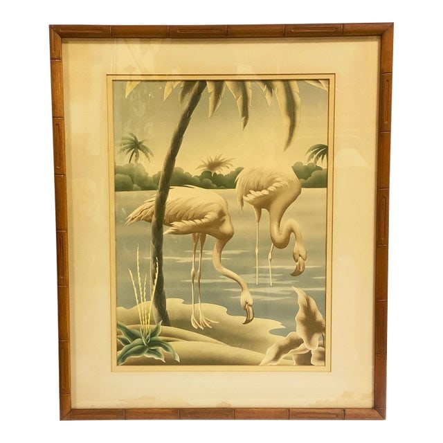 1940s Tropical Drinking Flamingo Scenic Print, Framed by Billy Seay for Turner: Title: 1940s Tropical Drinking Flamingo Scenic Print, Framed by Billy Seay for Turner Description: Charming 1940s tropical scenic print featuring two elegant flamingos wading and drinking along a