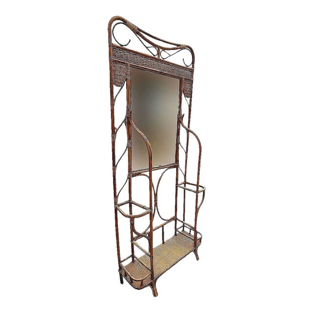 Restored Early 20th Century Aesthetic Movement Bamboo& Grassmat Hall Tree W Mirror & Umbrella Stand - 2