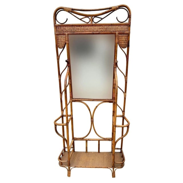 Restored Early 20th Century Aesthetic Movement Bamboo& Grassmat Hall Tree W Mirror & Umbrella Stand - 3