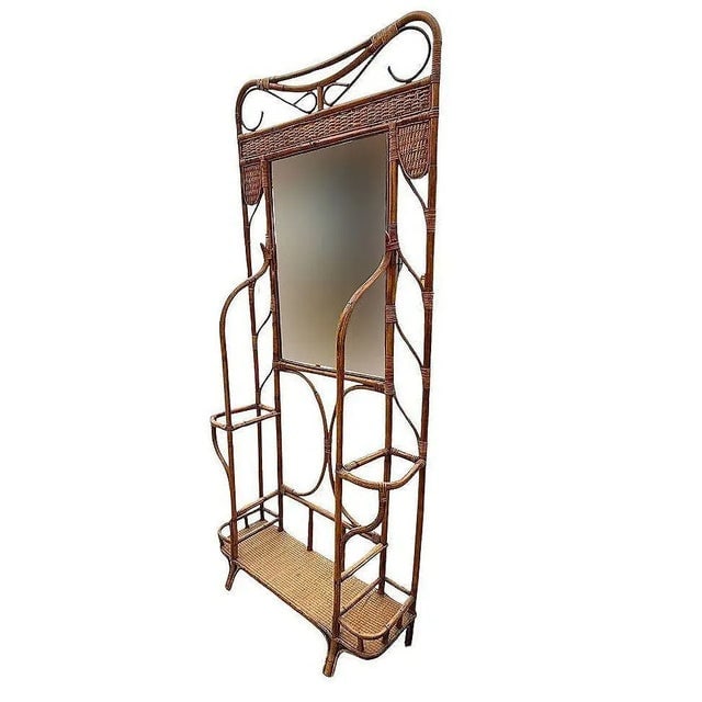 Restored Early 20th Century Aesthetic Movement Bamboo& Grassmat Hall Tree W Mirror & Umbrella Stand - 4