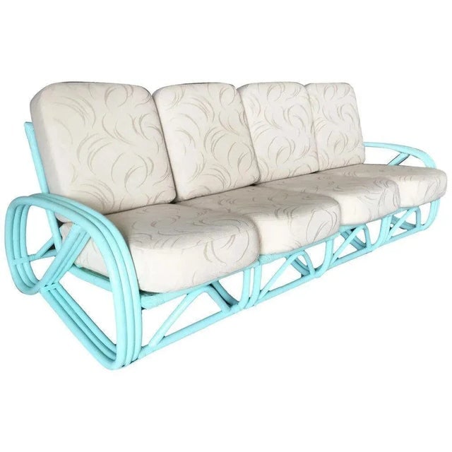 1950s Restored Teal Mid-Century 3/4 Pretzel Rattan 4-Seater Sectional Sofa - 2