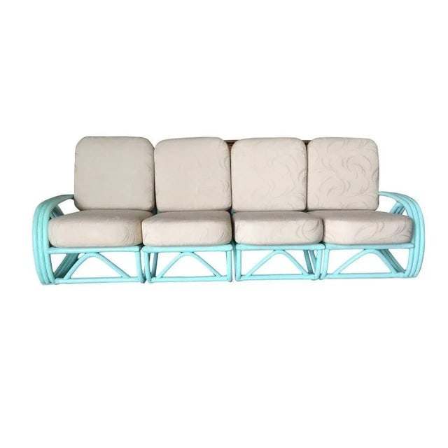 1950s Restored Teal Mid-Century 3/4 Pretzel Rattan 4-Seater Sectional Sofa - 3