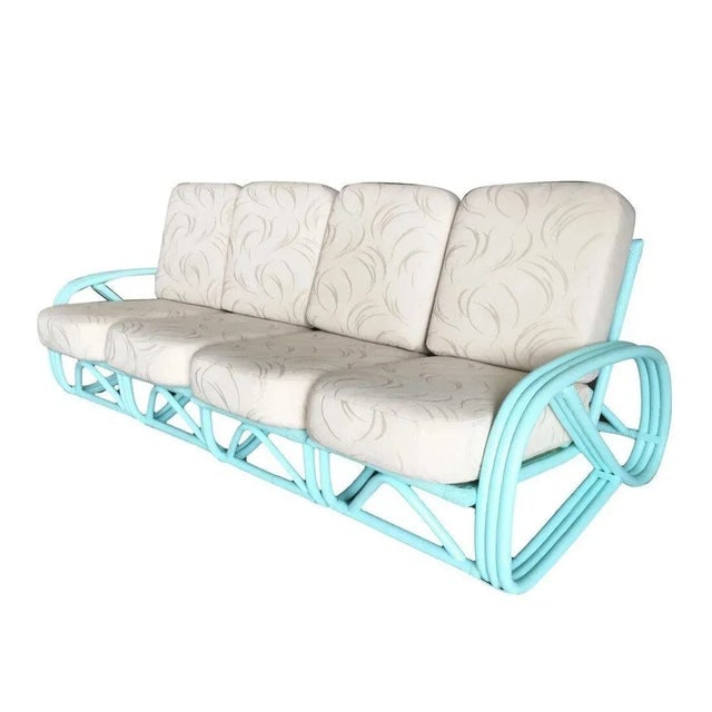 1950s Restored Teal Mid-Century 3/4 Pretzel Rattan 4-Seater Sectional Sofa - 4