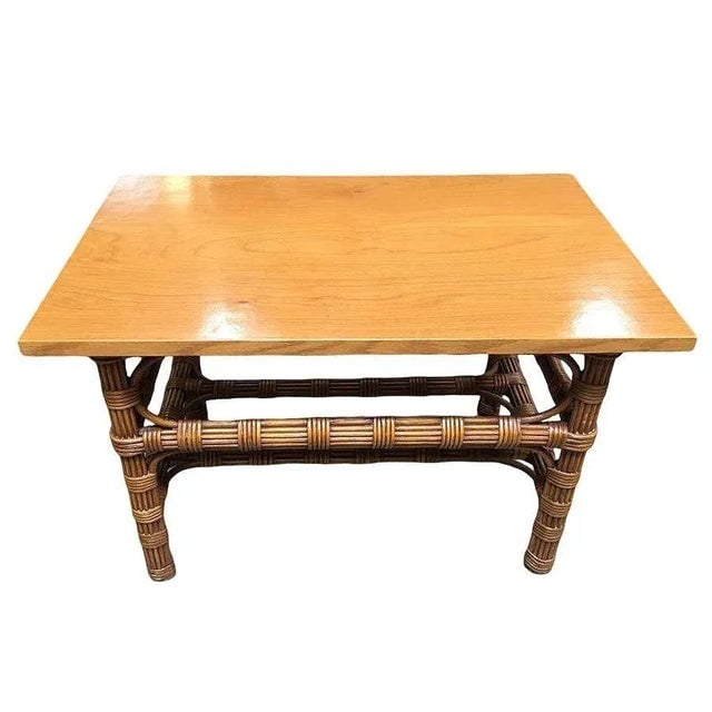1940s Restored Stick Rattan Side Table With Bleached Mahogany Top - 2