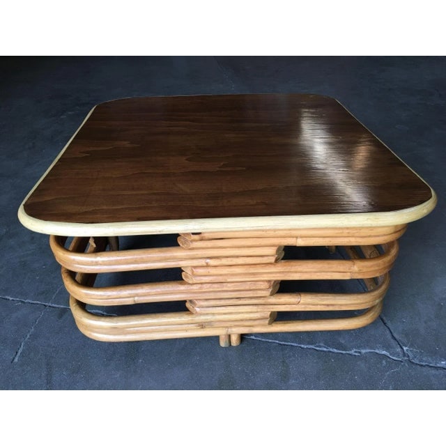 Restored Vintage Stacked Slat Rattan Coffee Table With Mahogany Top - 3