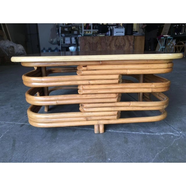 Restored Vintage Stacked Slat Rattan Coffee Table With Mahogany Top - 4