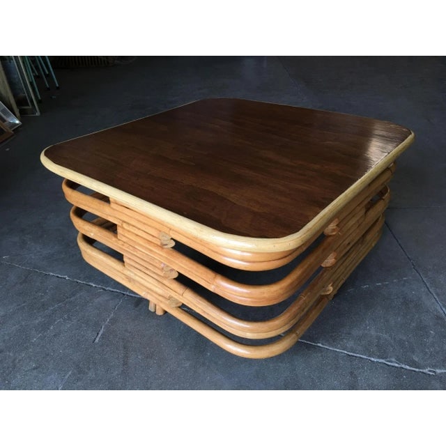 Restored Vintage Stacked Slat Rattan Coffee Table With Mahogany Top - 6