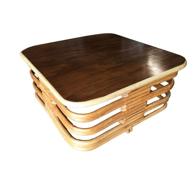Restored Vintage Stacked Slat Rattan Coffee Table With Mahogany Top - 7