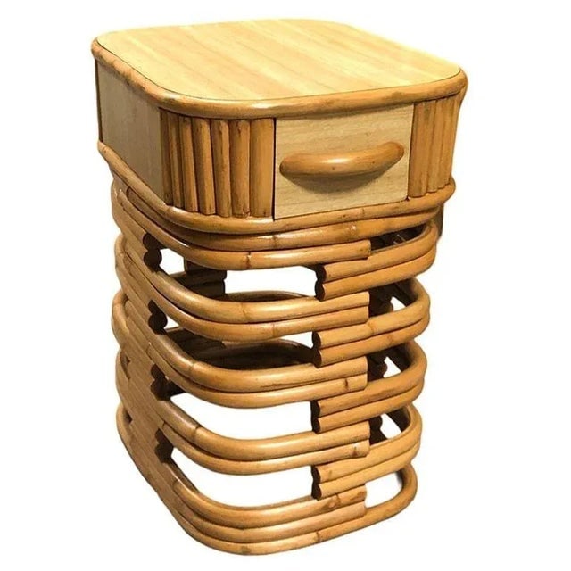 1950s Restored Modernist Stacked Rattan Nightstand Side Table W/ Formica Top, Pair - 3