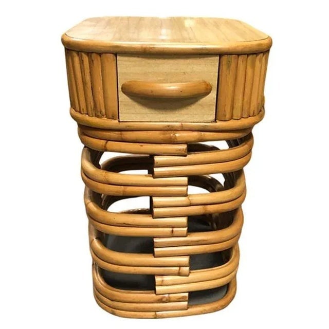 1950s Restored Modernist Stacked Rattan Nightstand Side Table W/ Formica Top, Pair - 4