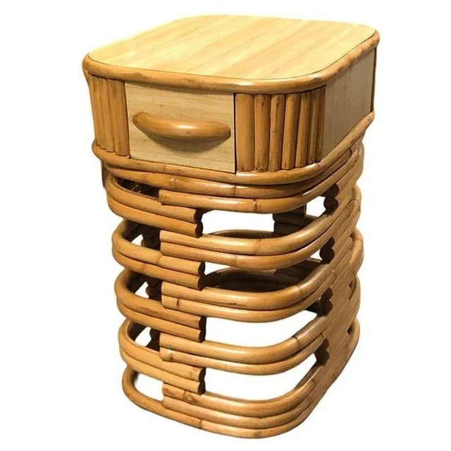 1950s Restored Modernist Stacked Rattan Nightstand Side Table W/ Formica Top, Pair - 5