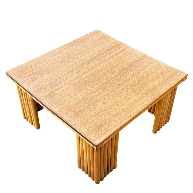 1950s Restored Rattan & Koa Wood Square Coffee Table W/ Stacked Rattan Legs - 2