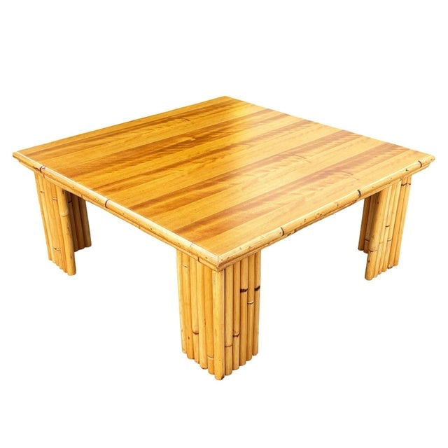 1950s Restored Rattan & Koa Wood Square Coffee Table W/ Stacked Rattan Legs - 4